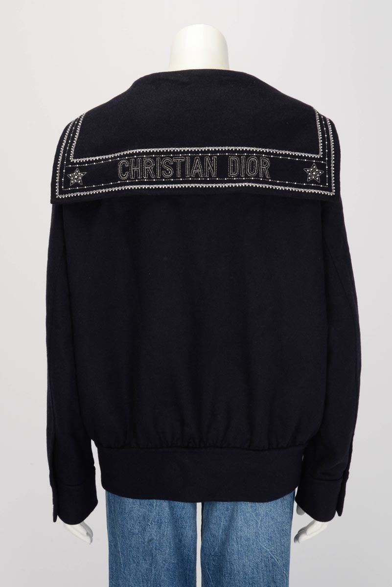 Dior Navy Wool Pearl Embellished Logo Jacket FR 36