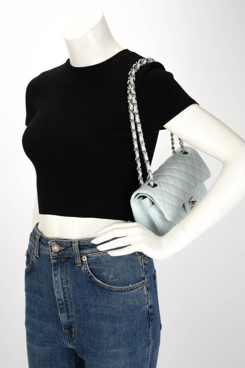 Chanel Light Blue Quilted Caviar Small Classic Flap Bag
