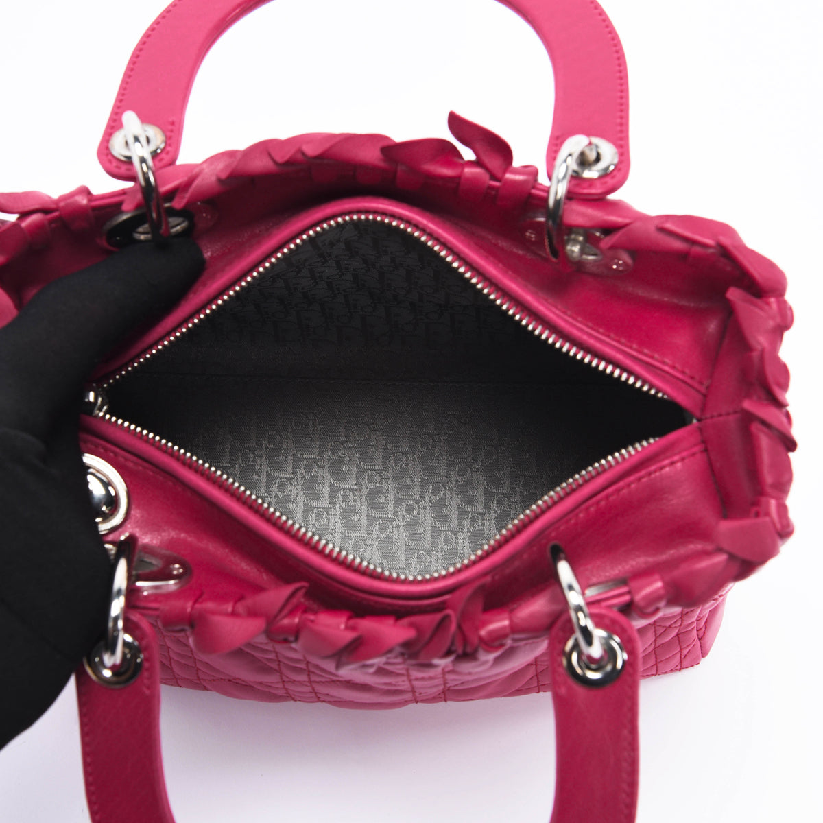 Dior Dark Pink Lambskin Cannage Medium Bow Lady Dior