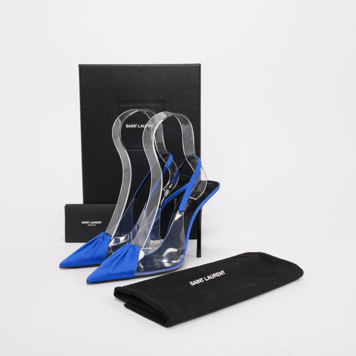 Saint Laurent Blue Satin & PVC Riqua Slingback Pumps 38.5