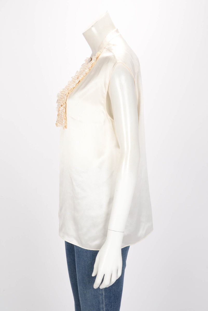 Chanel Ecru Silk Ruffled Sleeveless Top FR 40