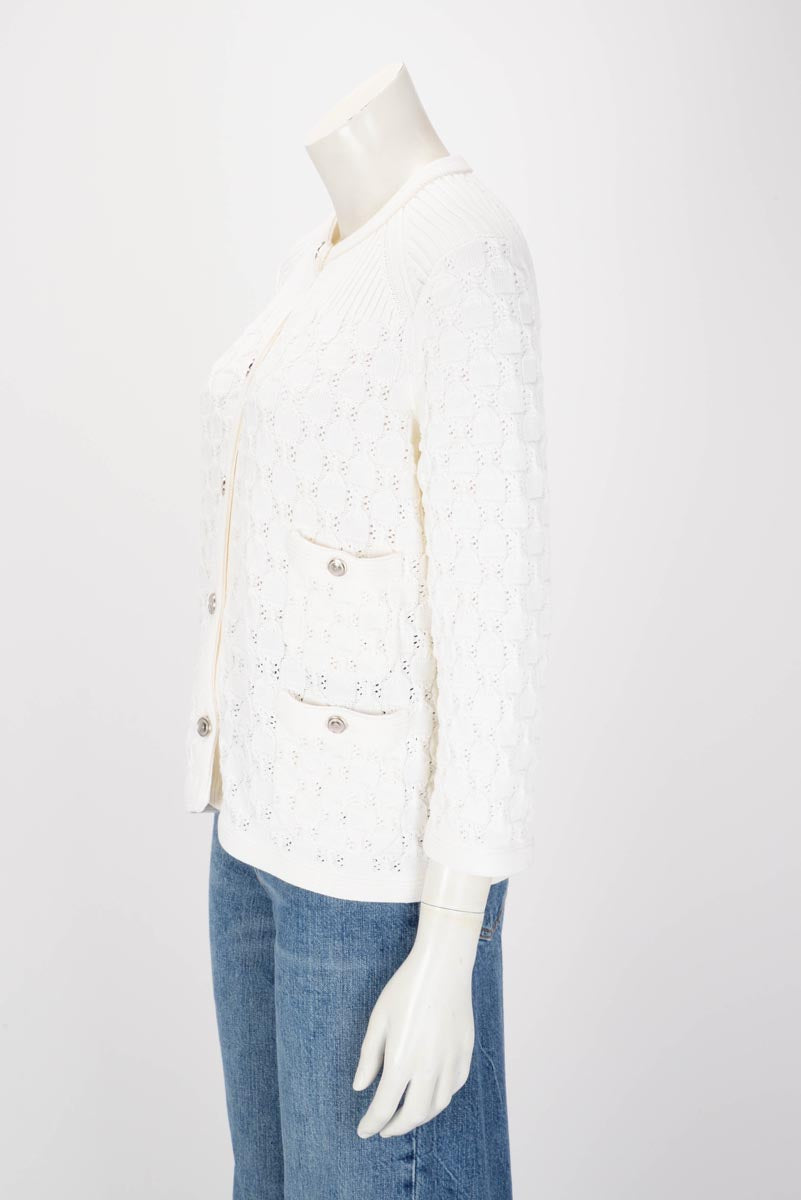 Chanel White Crochet Knit Four Pocket Cardigan FR 48