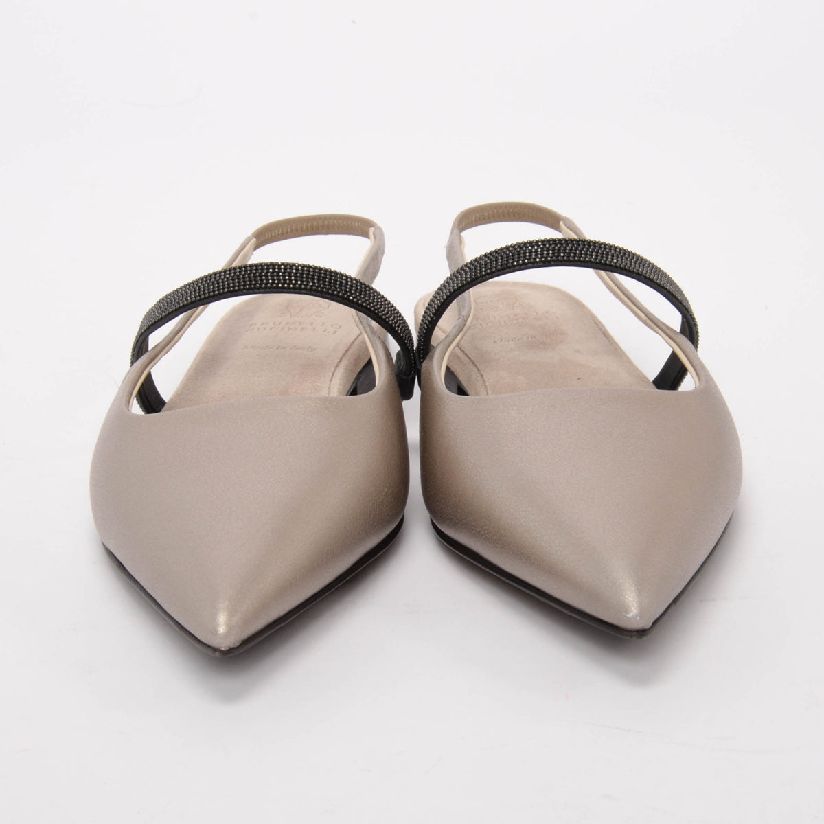 Brunello Cucinelli Pewter Leather Beaded Slingback Flats 37