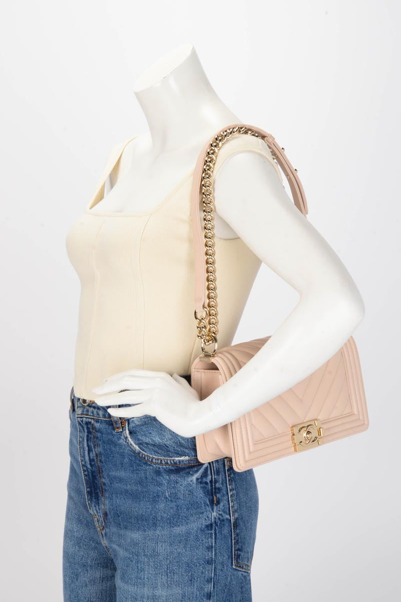 Chanel Beige Chevron Lambskin Old Medium Boy Bag