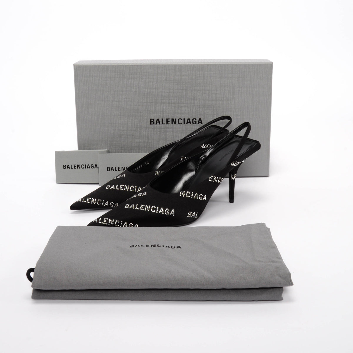 Balenciaga Black Satin Square Knife Crystal Logo Slingbacks 38