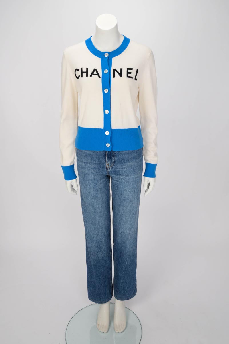 Chanel Cream & Blue Cashmere 19S Logo Cardigan FR 42