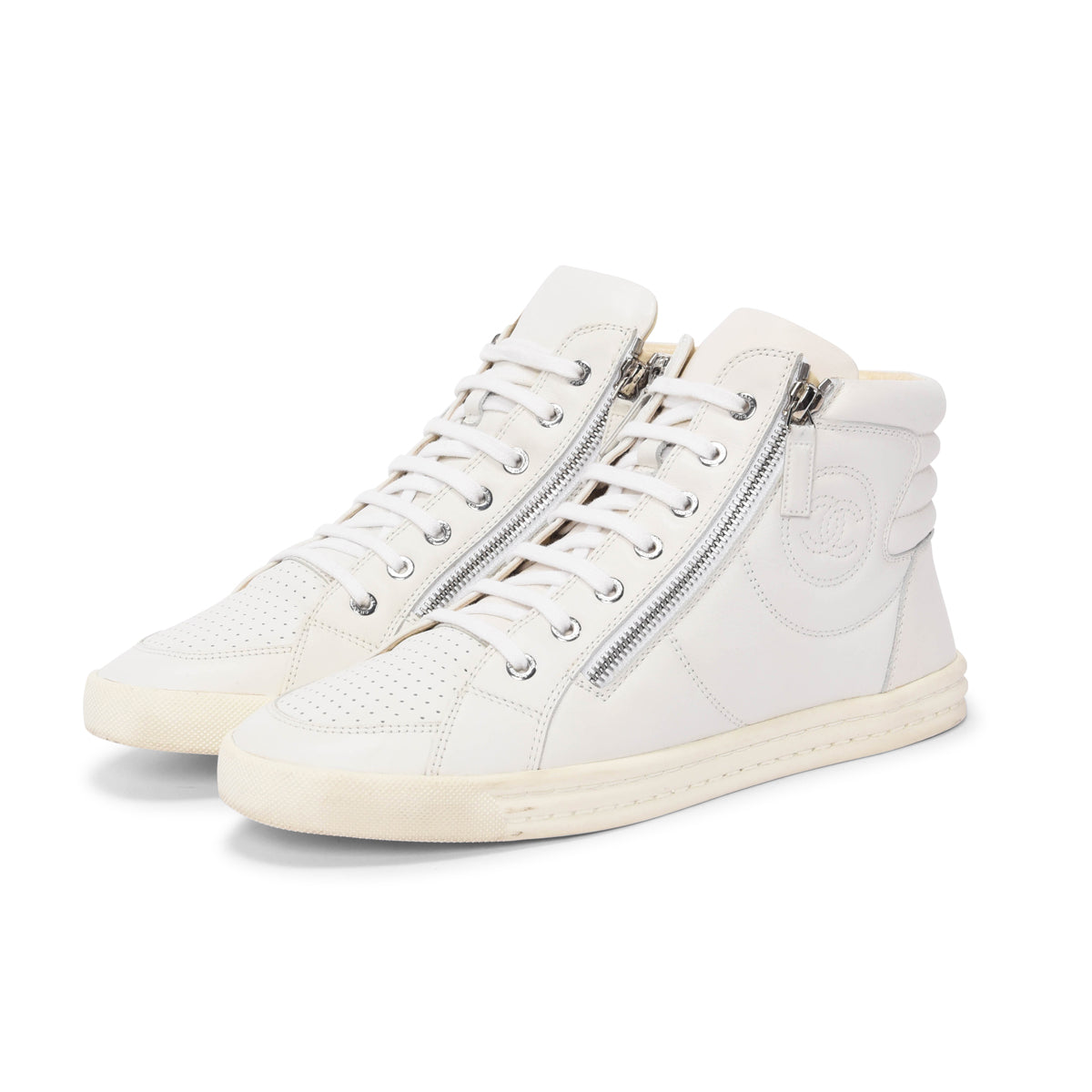 Chanel White Calfskin Side Zip High Top Sneakers 40