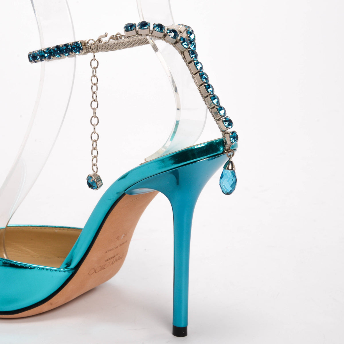 Jimmy Choo Blue Metallic Leather Crystal Saeda Pumps 38.5