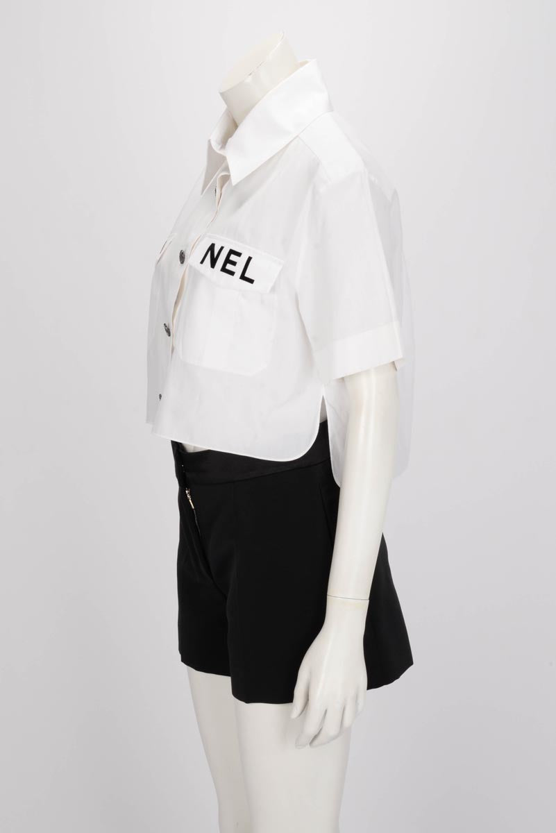 Chanel White Cotton Runway Logo Crop Shirt FR 40