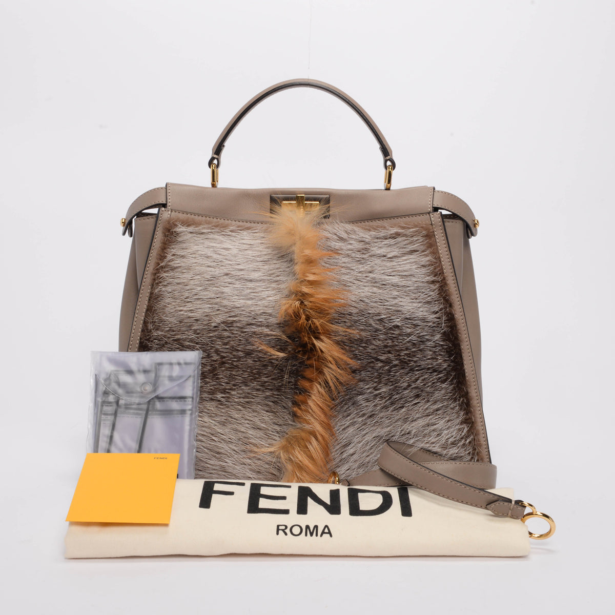 Fendi Taupe Leather & Fox Fur Large Peekaboo Tote