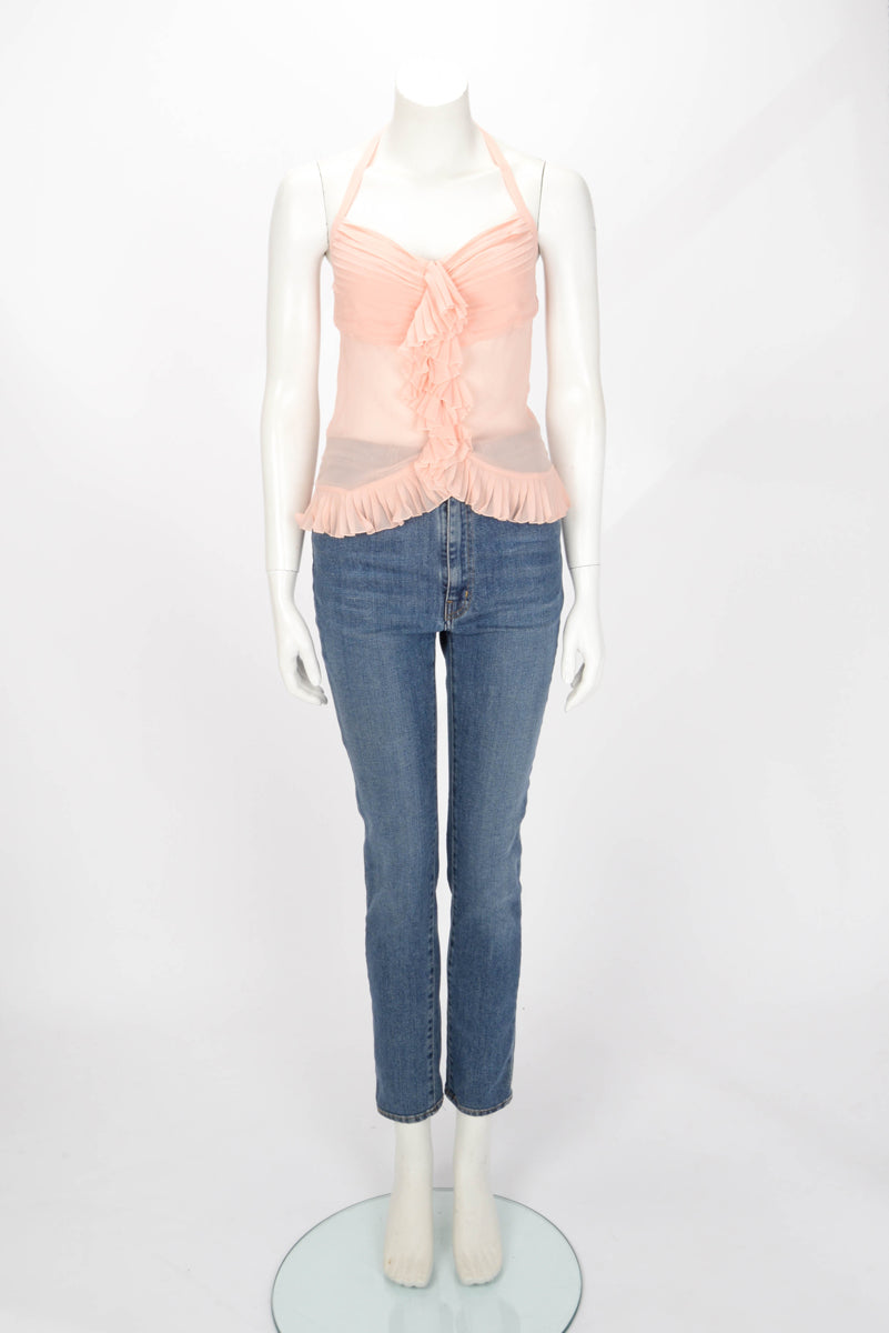 Chanel Pink Silk Ruffle Halter Top FR 38