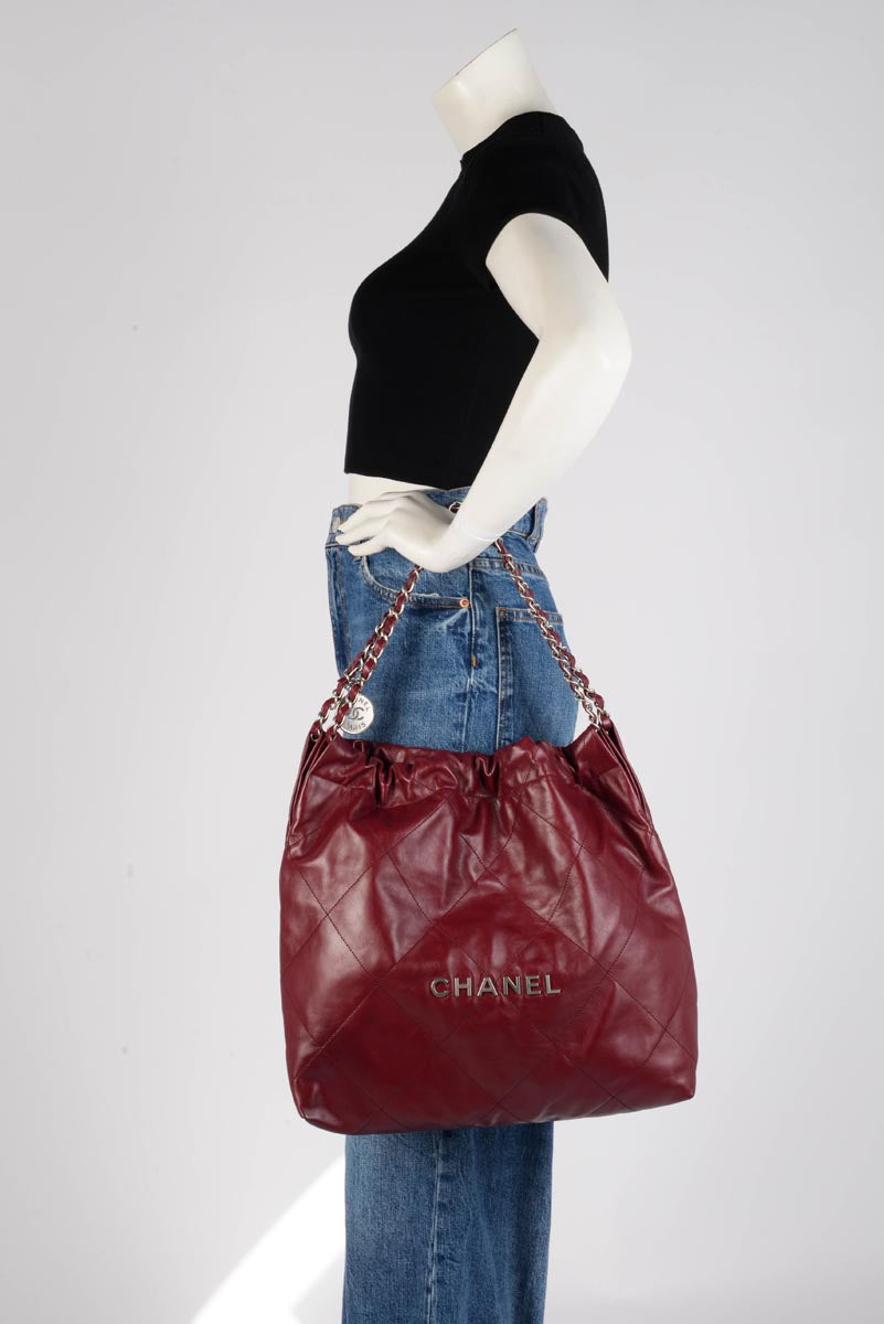Chanel Burgundy Shiny Calfskin Medium 22 Bag