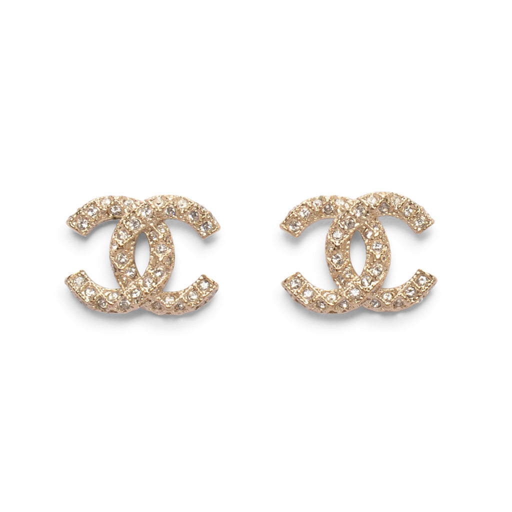 Chanel Light Gold Crystal CC Stud Earrings