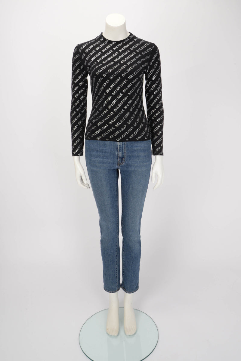 Balenciaga Black Crystal Embellished All Over Logo Top XS