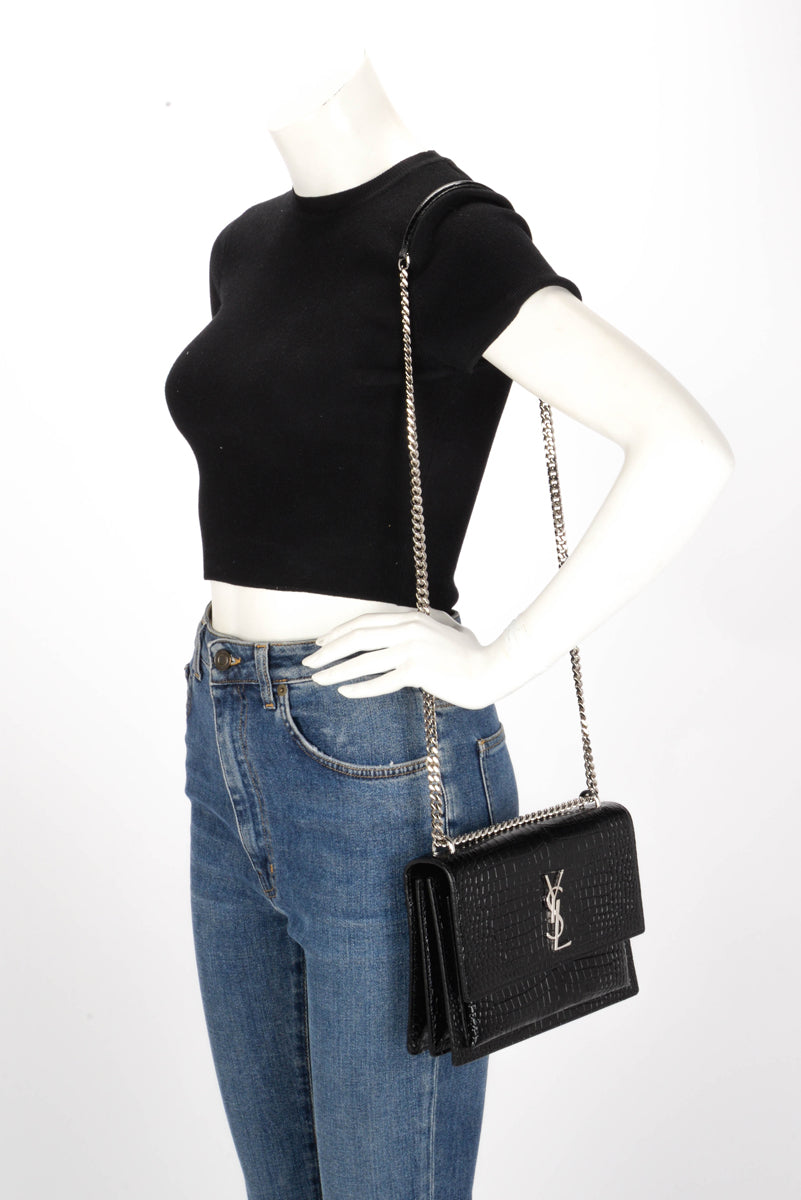 Saint Laurent Black Croc Embossed Medium Sunset Bag