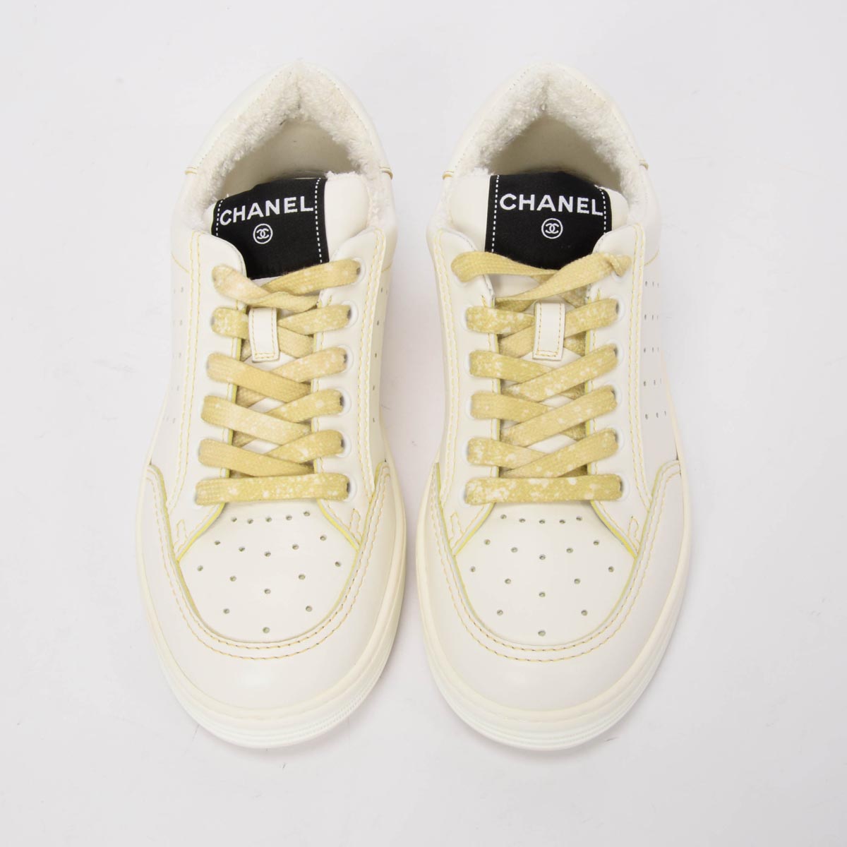 Chanel White & Yellow Calfskin Logo Sneakers 37.5