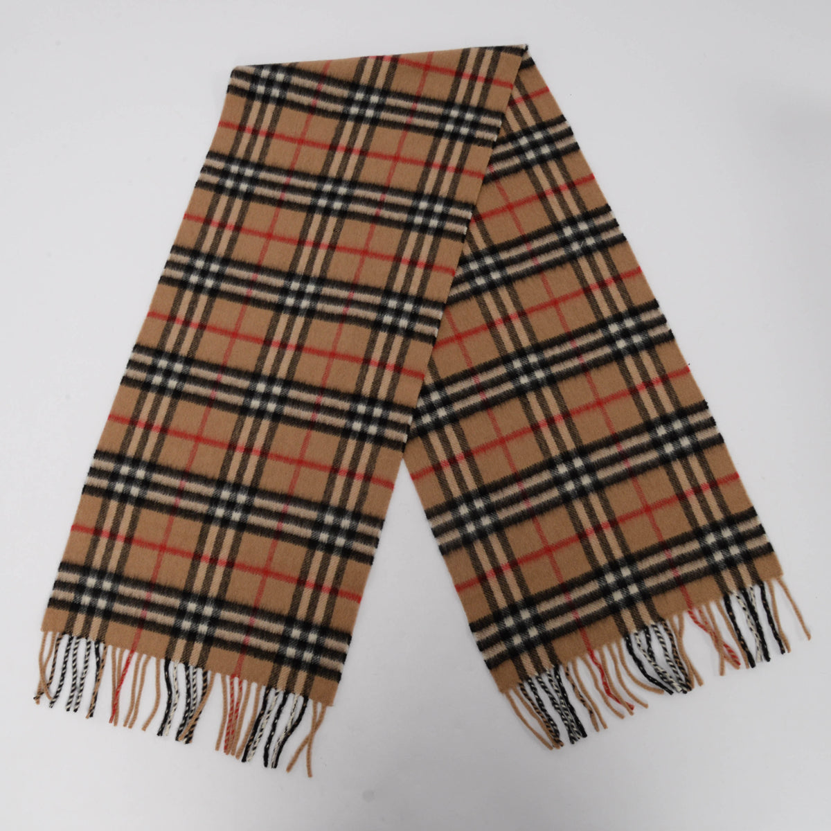 Burberry Camel Cashmere House Check Fringed Scarf