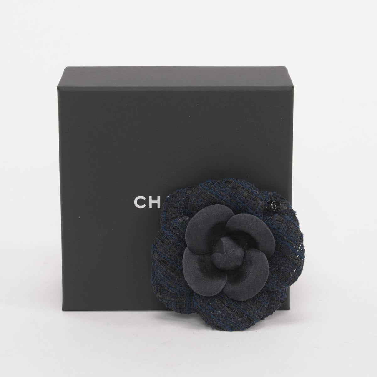 Chanel Navy & Black Tweed Camellia Brooch