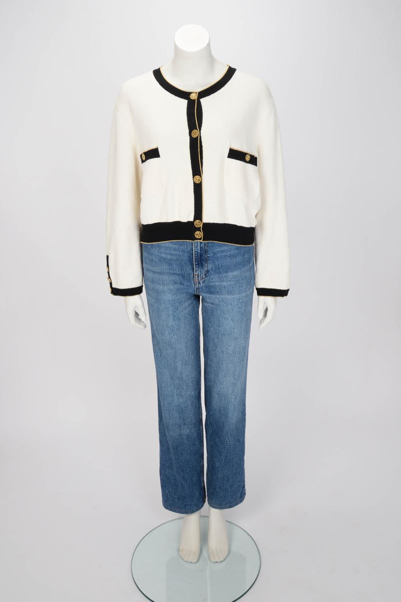 Chanel Ecru & Black Chenille Cropped Cardigan FR50