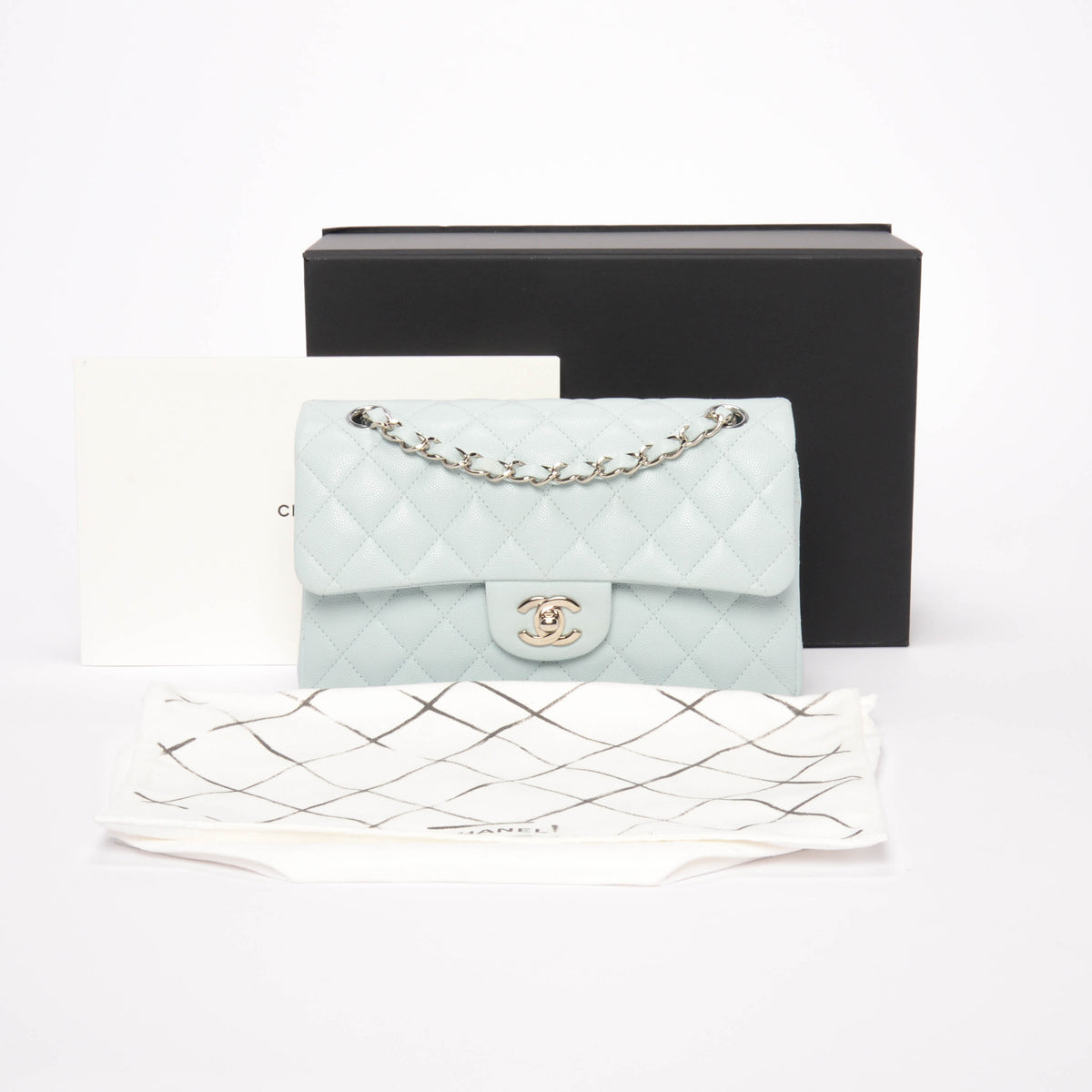 Chanel Light Blue Quilted Caviar Small Classic Flap Bag