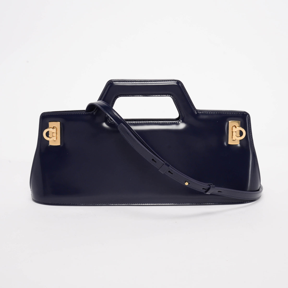 Ferragamo Navy Hi-Shine Wanda East West Bag