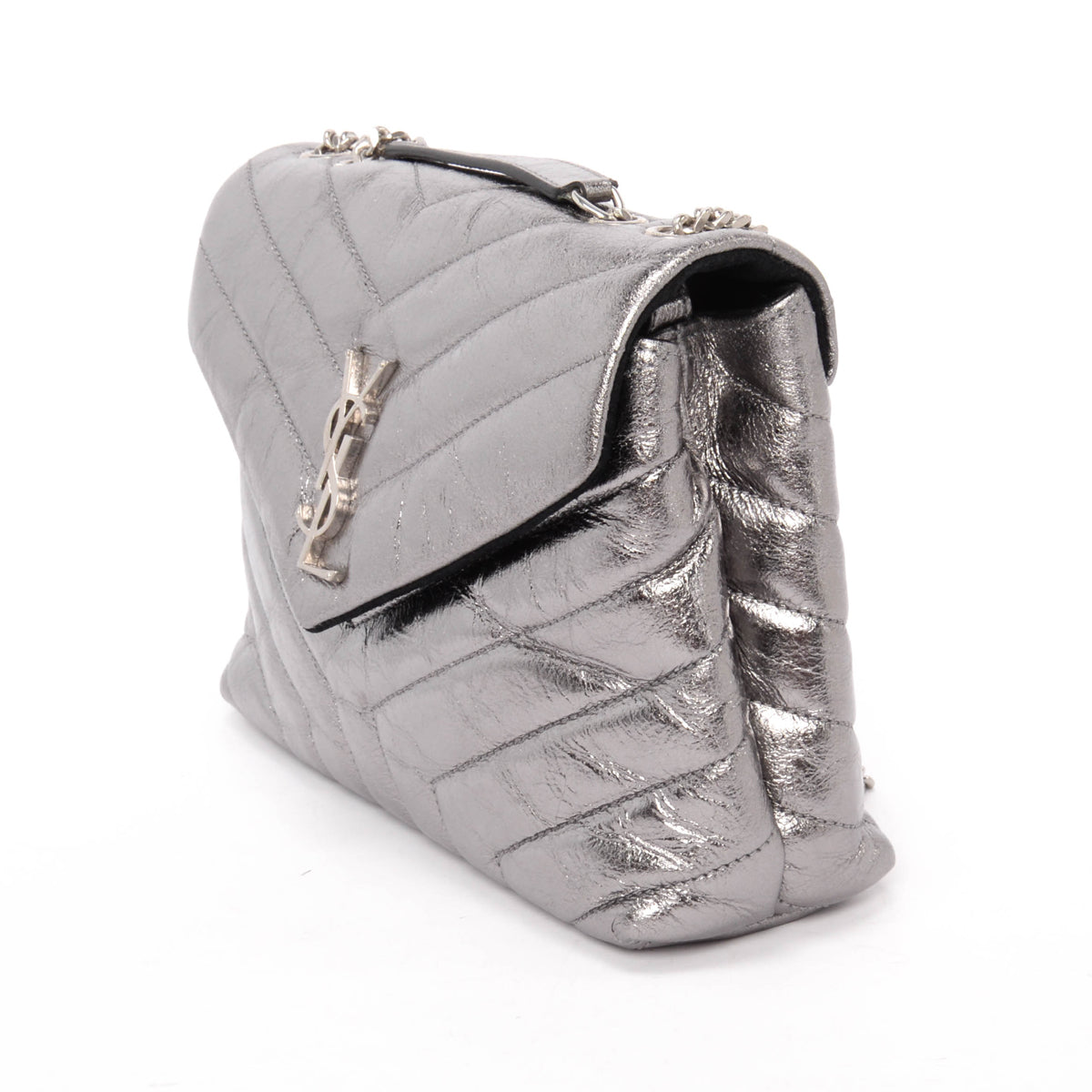 Saint Laurent Silver Metallic Chevron Small Lou Lou Bag
