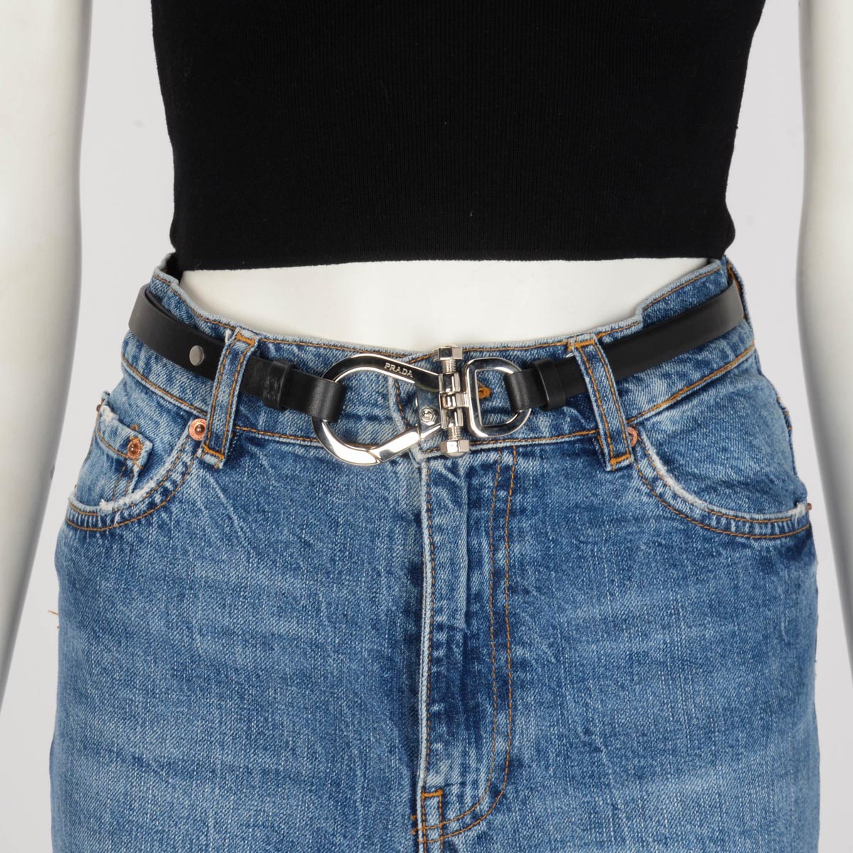 Prada Black Leather Harness Buckle Belt