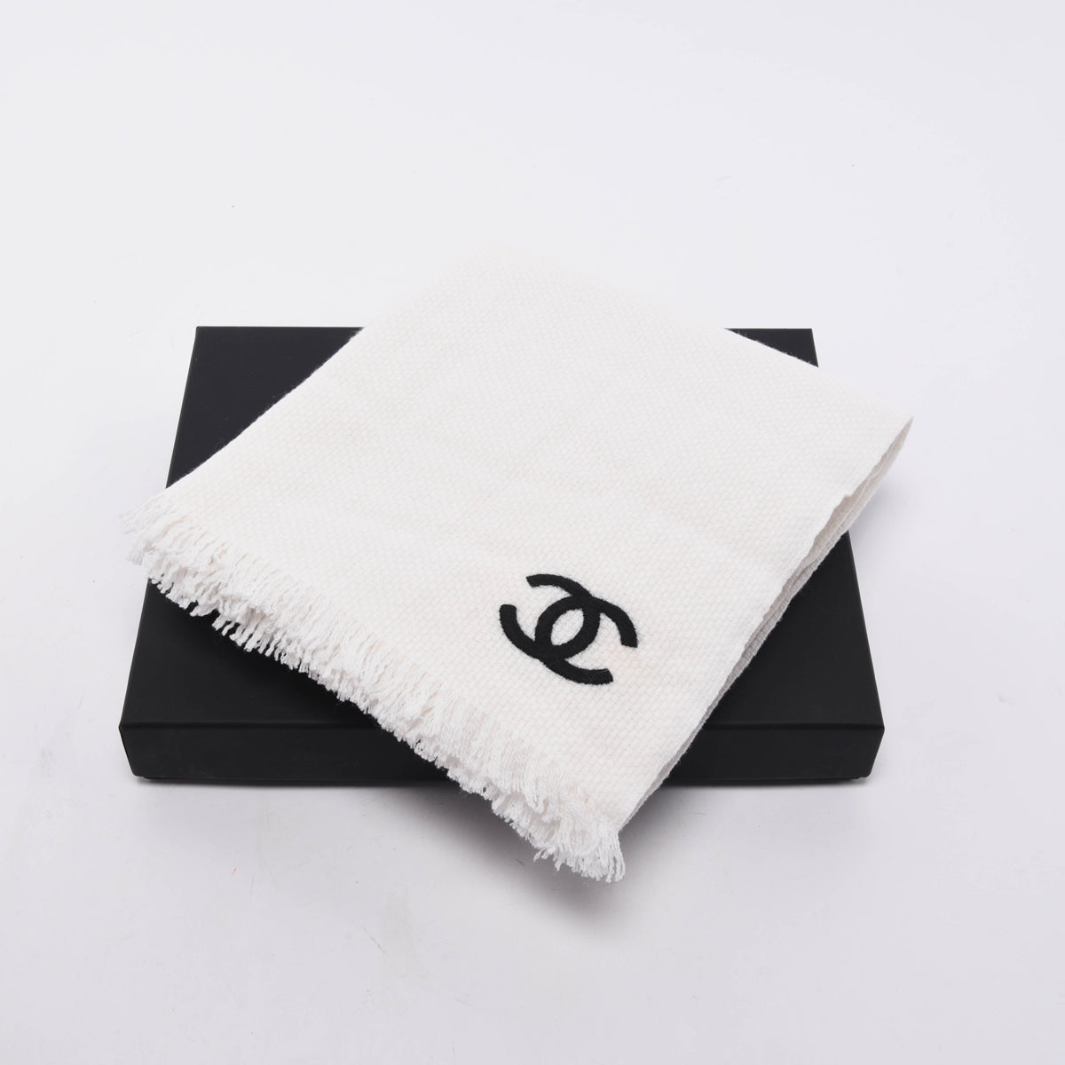 Chanel White & Black Cashmere CC Fringed Scarf