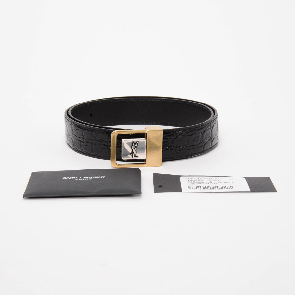 Saint Laurent Black Croc Embossed Leather Logo Buckle Belt