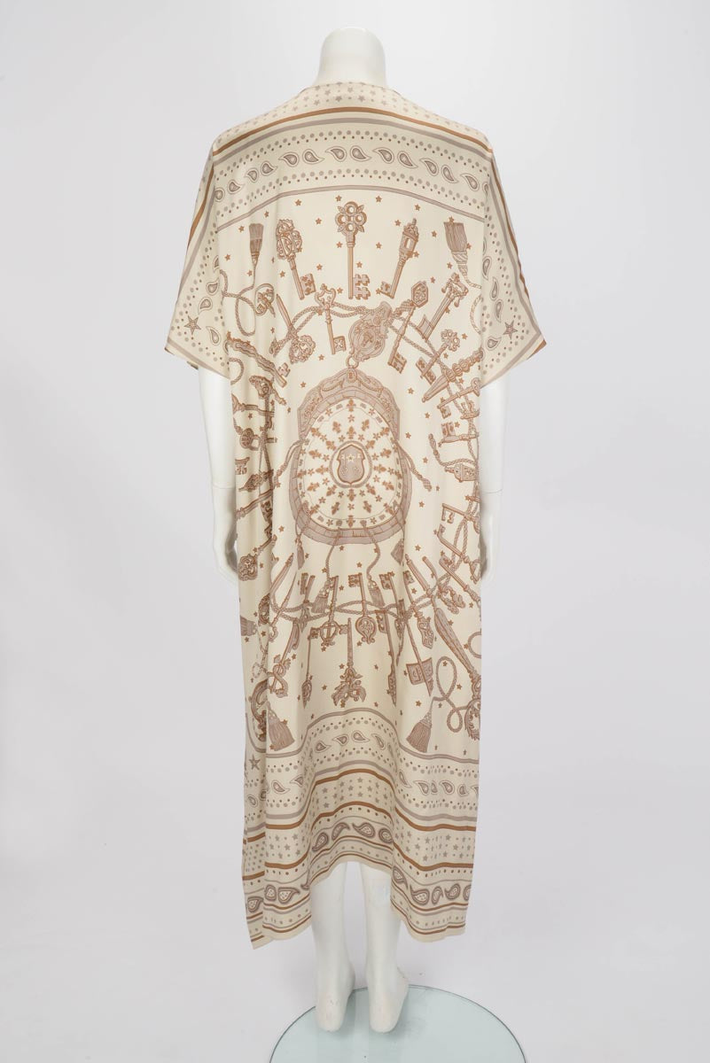 Hermes Beige Silk Les Cles Maxi Dress FR 46