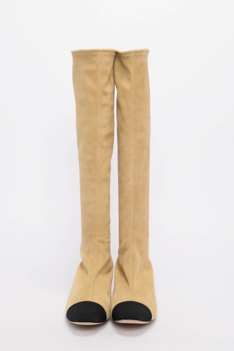 Chanel Beige Stretch Suede Knee Length Boots 40.5
