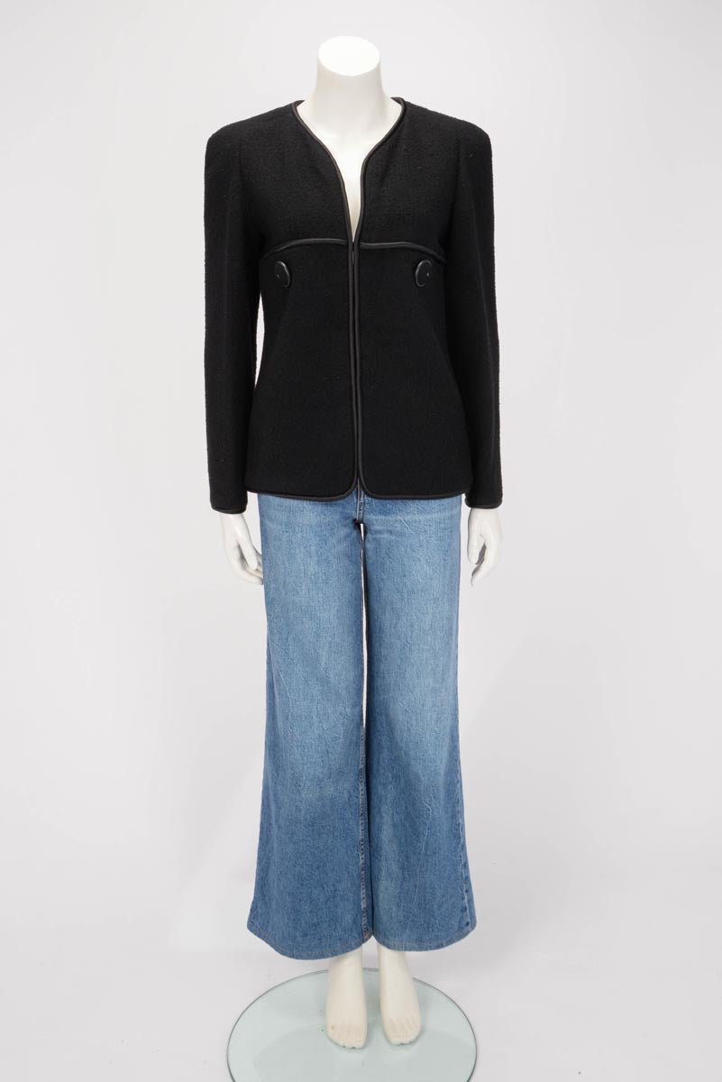 Chanel Black Wool Boucle Collarless Edge to Edge Jacket FR 38