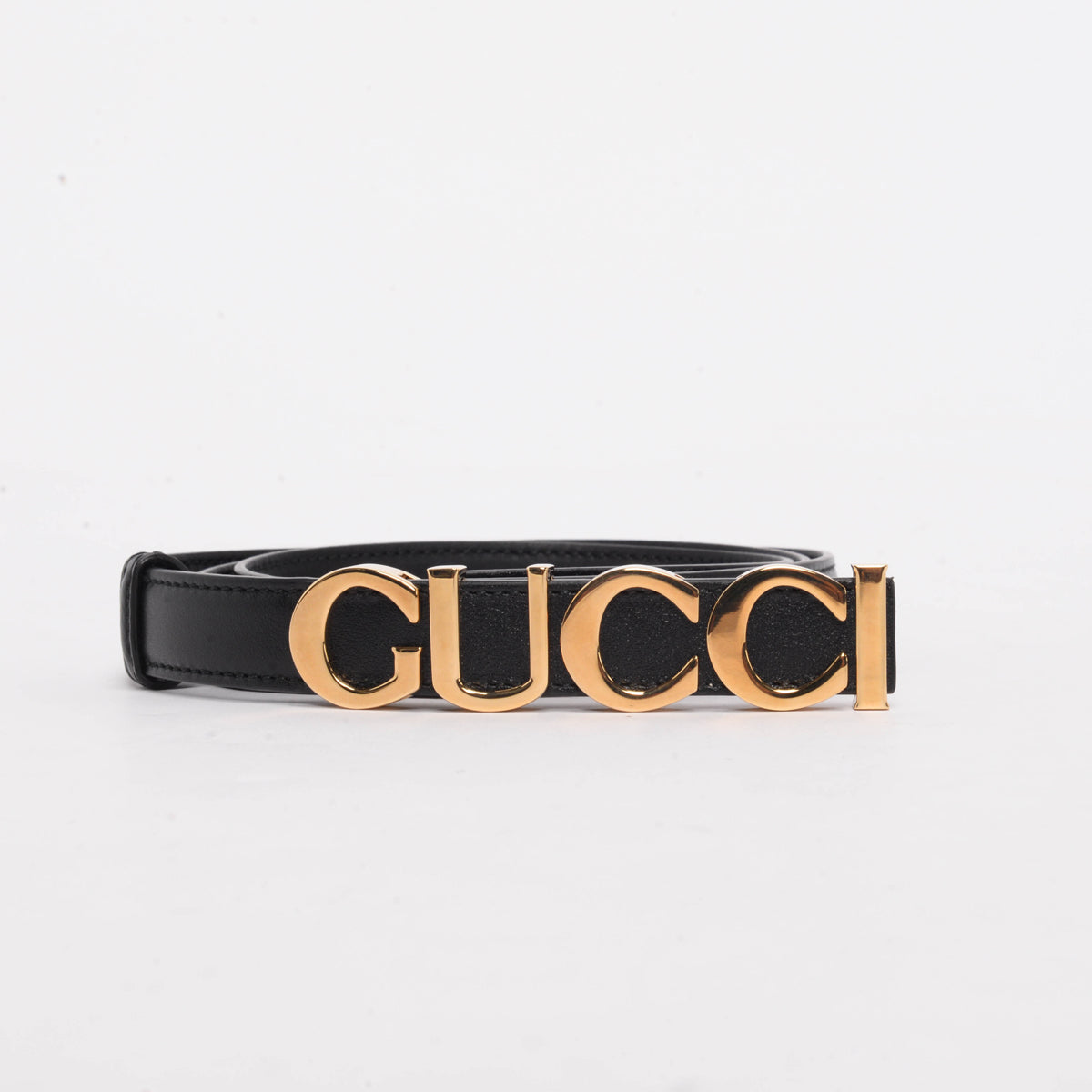 Gucci Black Leather Thin Gucci Buckle Belt