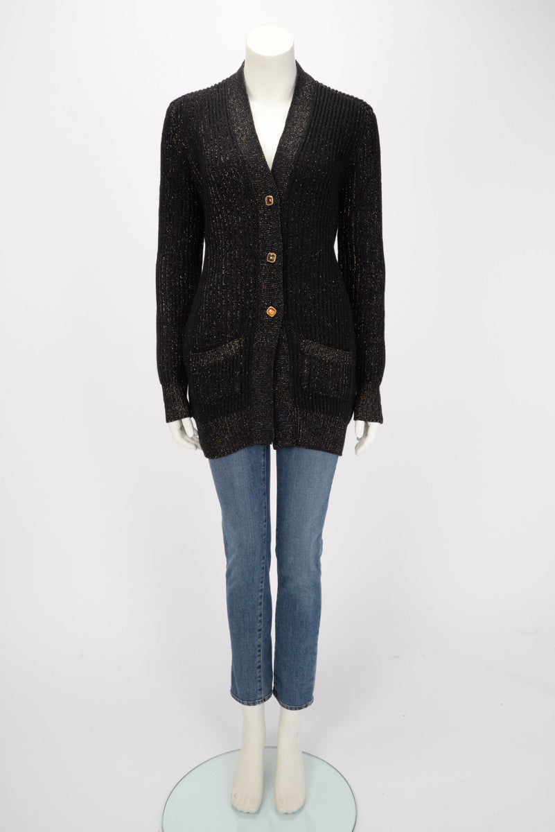 Chanel Black Lurex Knit Longline Cardigan FR 40