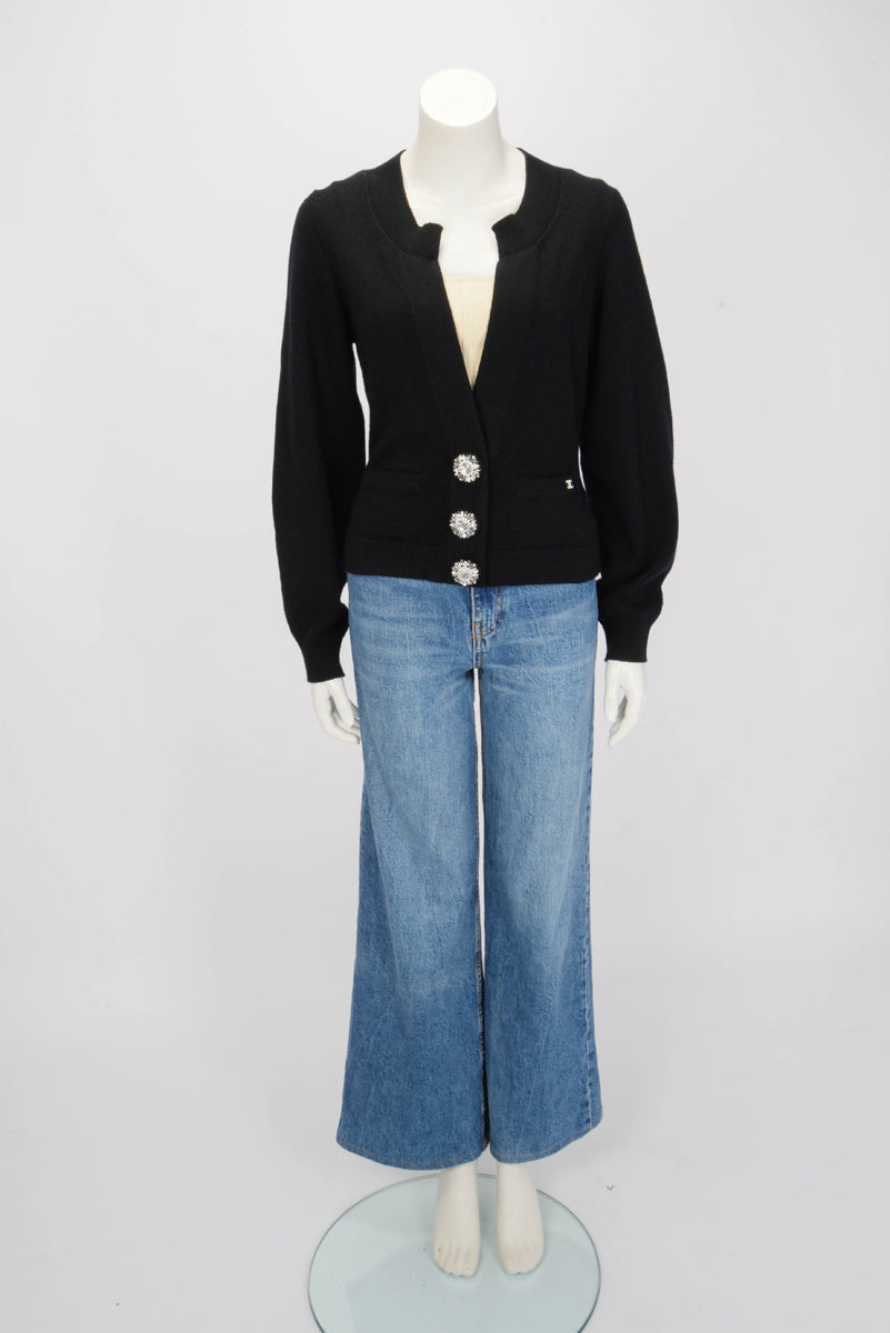 Chanel Black Cashmere Crystal Button Cardigan FR 40