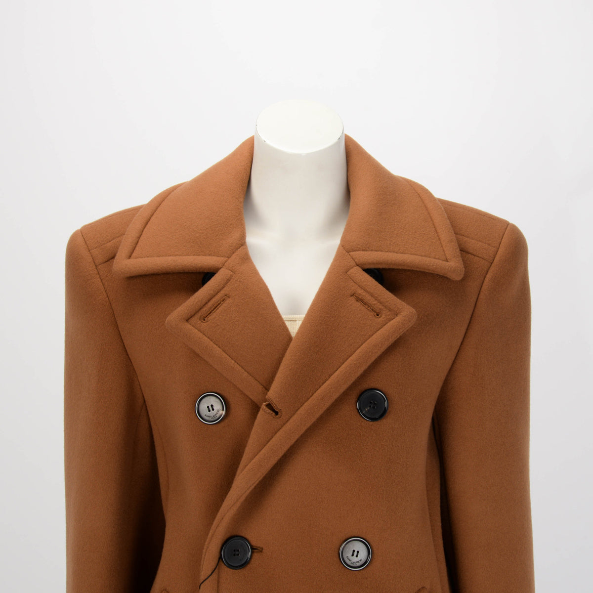 Saint Laurent Camel Wool Double Breasted Coat FR 38