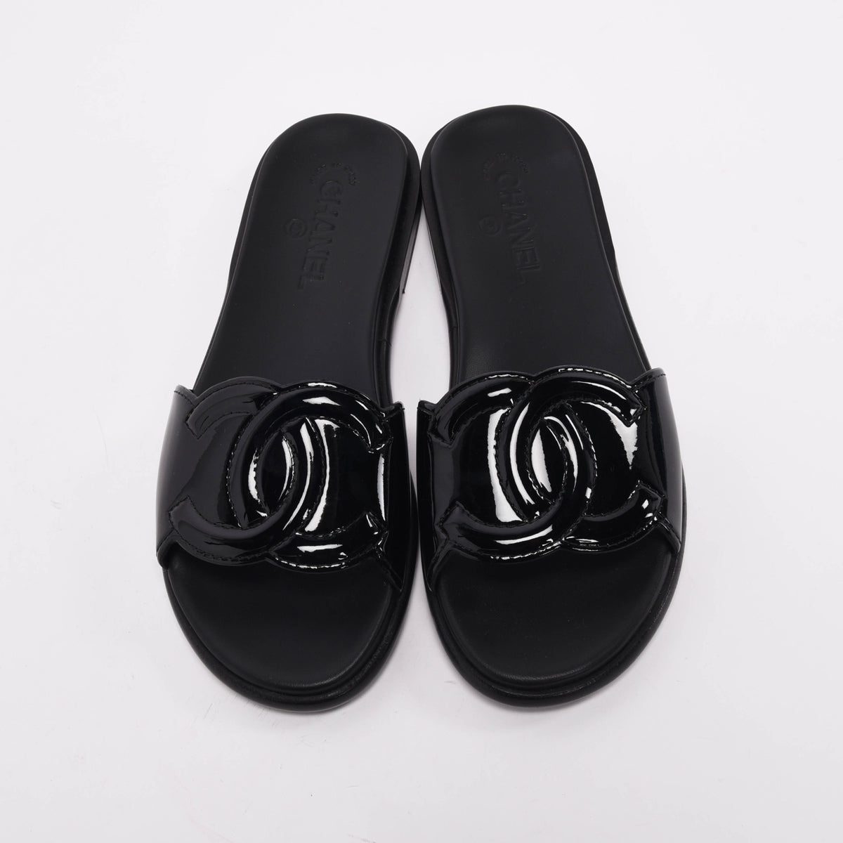 Chanel Black Patent Leather CC Slides 40