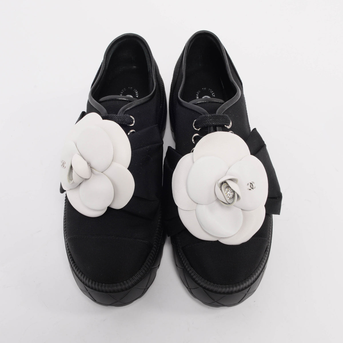 Chanel Black Grosgrain Camellia Lace Up Loafers 36
