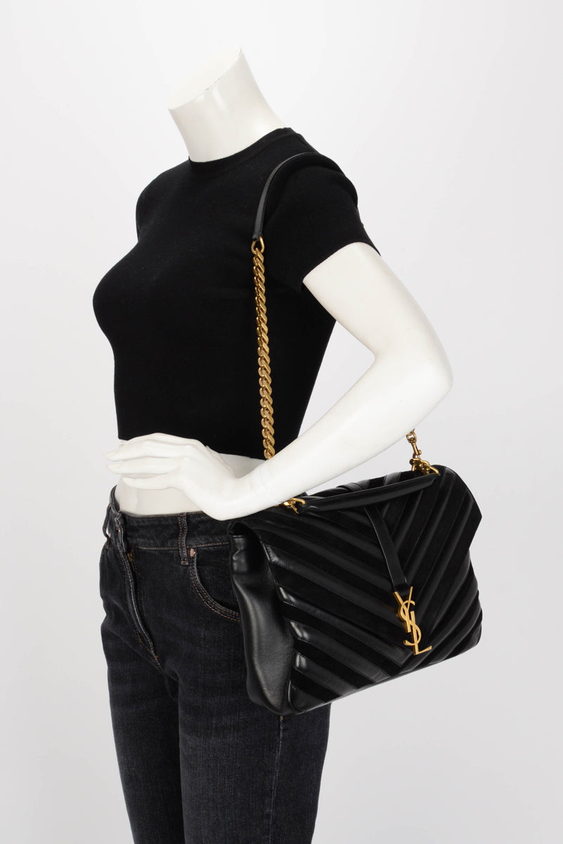 Saint Laurent Black Chevron Calfskin & Suede Large College Bag