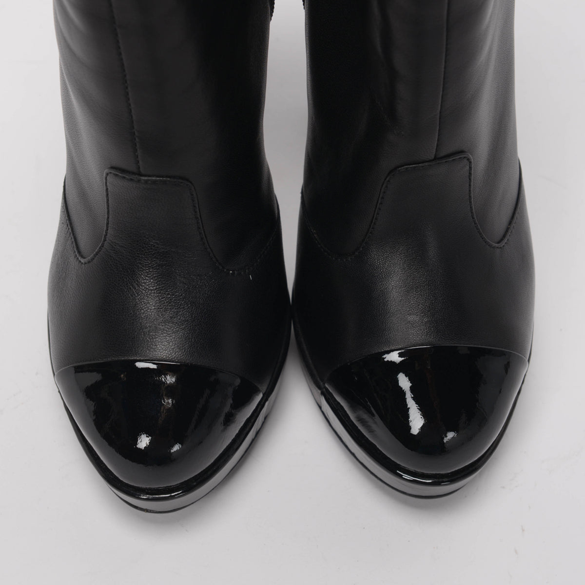 Chanel Black Lambskin Patent Cap Toe Boots 36