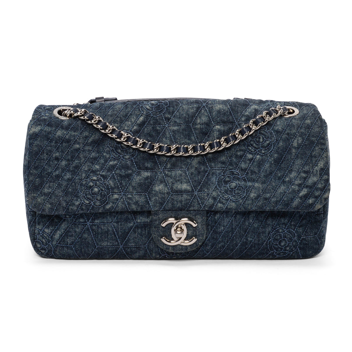 Chanel Dark Blue Denim Camellia Embroidered Large Flap Bag