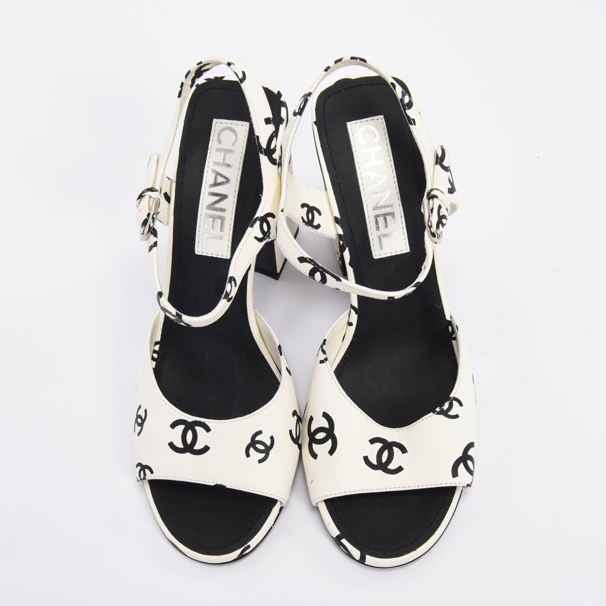 Chanel White & Black Lambskin CC Printed Sandals 38.5