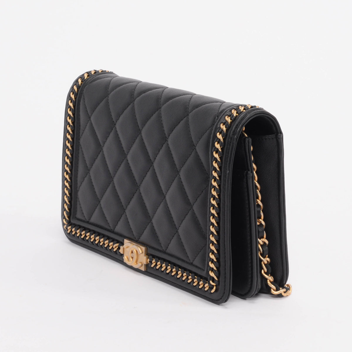 Chanel Black Lambskin Chain Around Boy Wallet On Chain