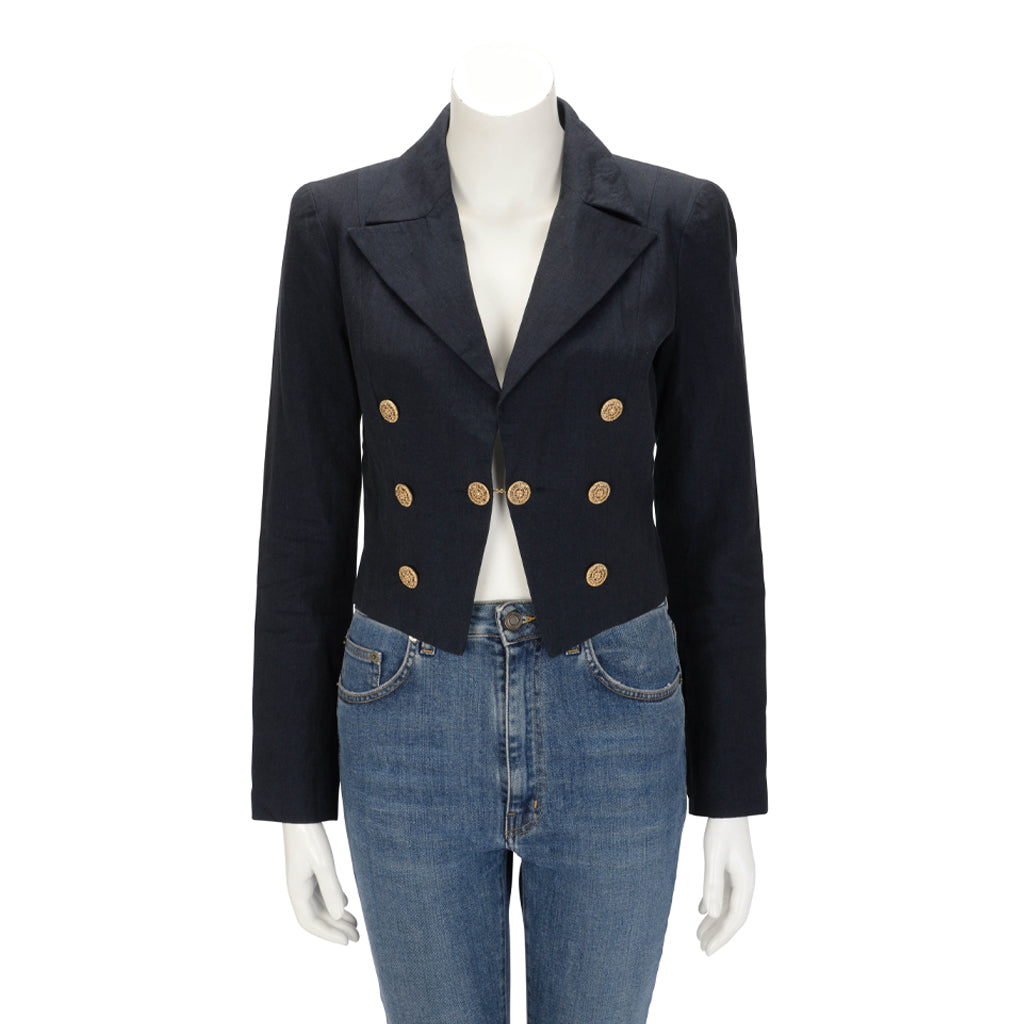 Chanel Navy Linen Cropped Military Jacket FR 38