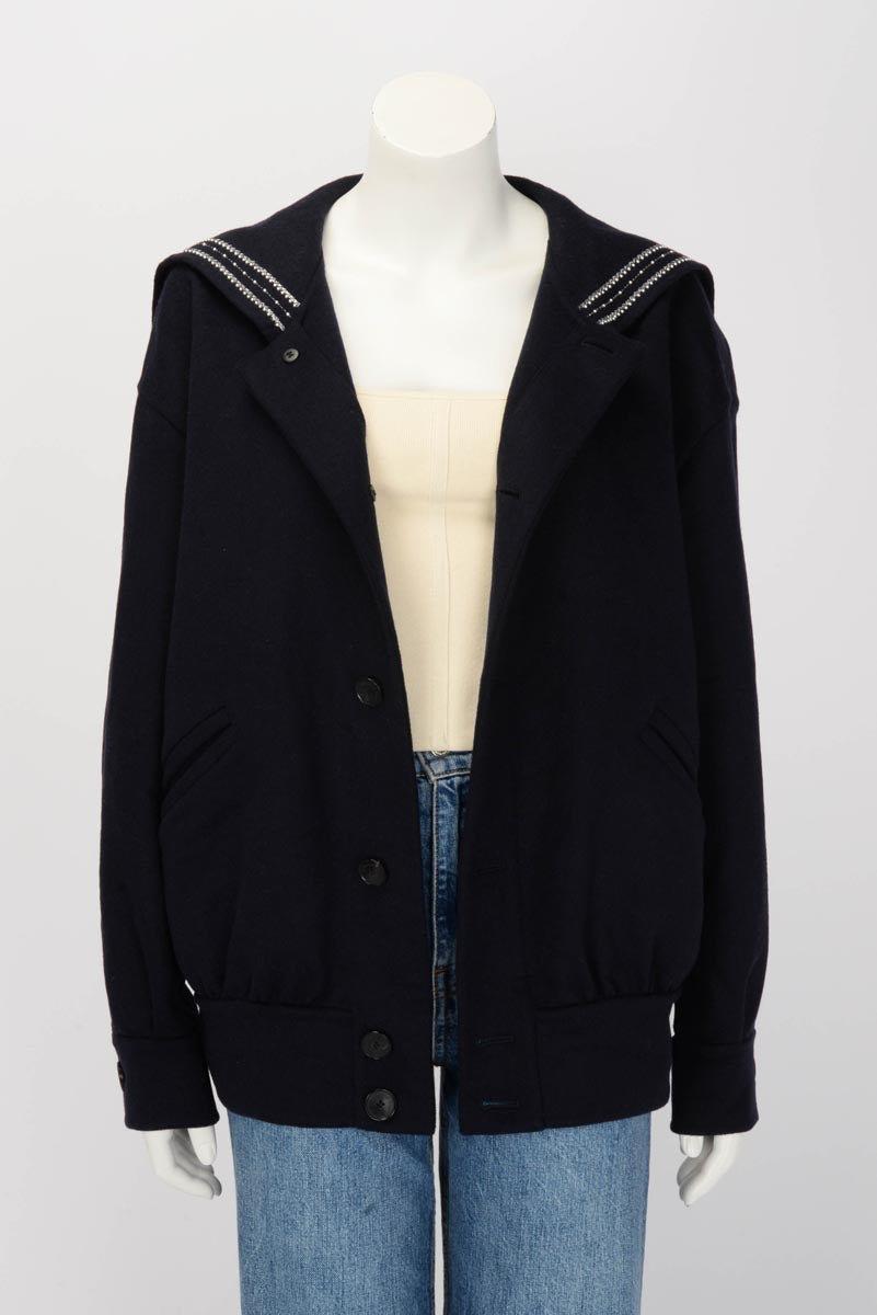 Dior Navy Wool Pearl Embellished Logo Jacket FR 36
