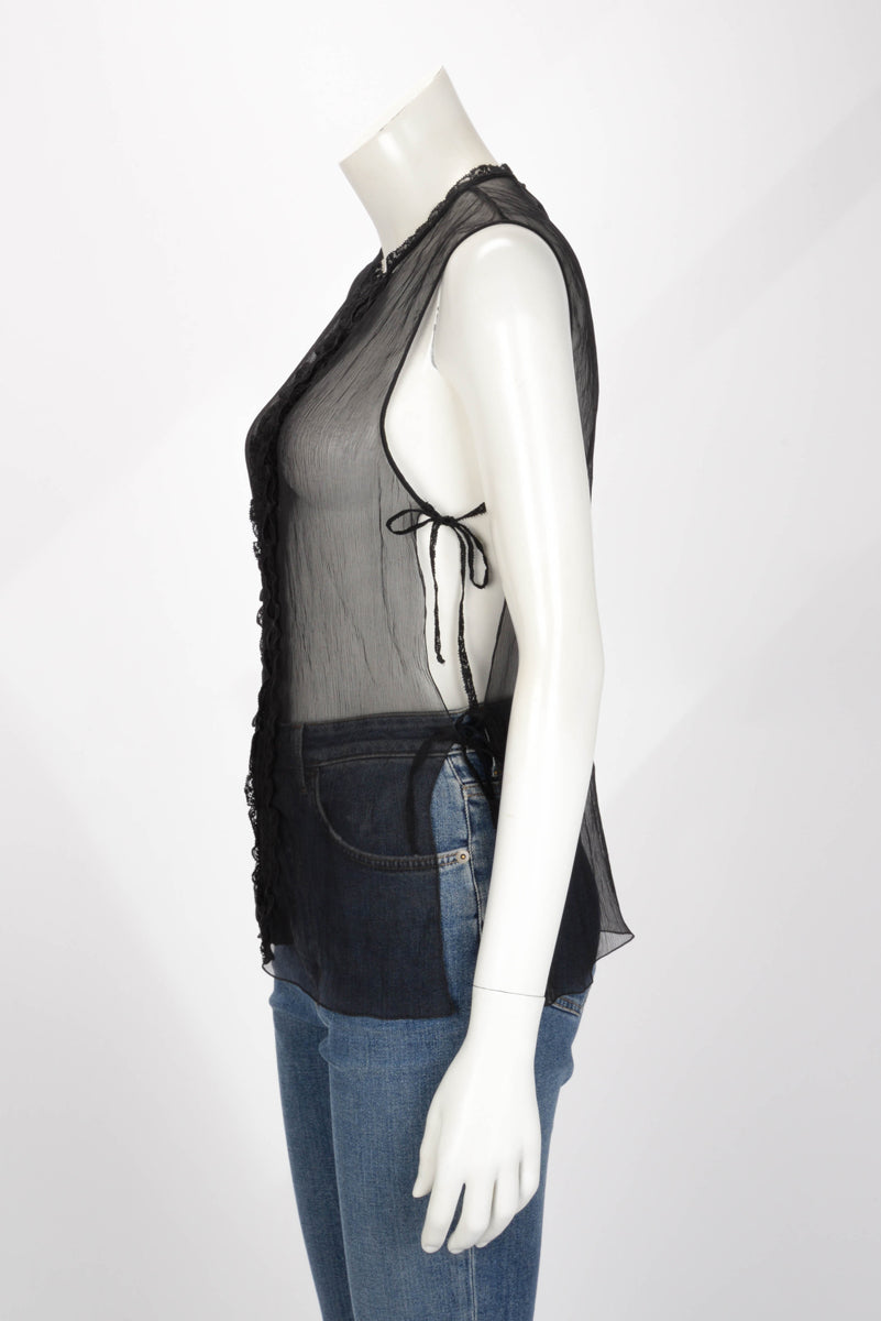 Chanel Black Silk & Lace Tie Side Sleeveless Blouse FR 42