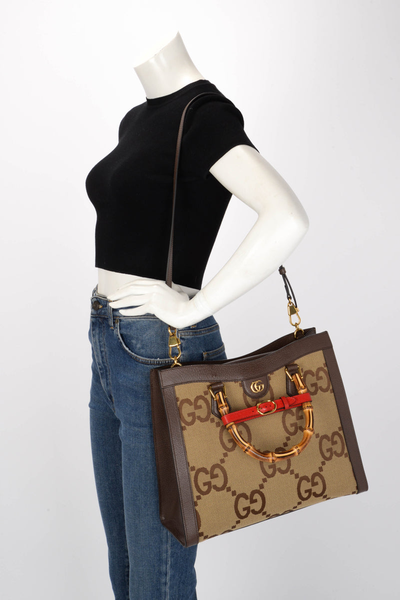 Gucci Brown Dollar Calfskin Jumbo GG Medium Diana Tote
