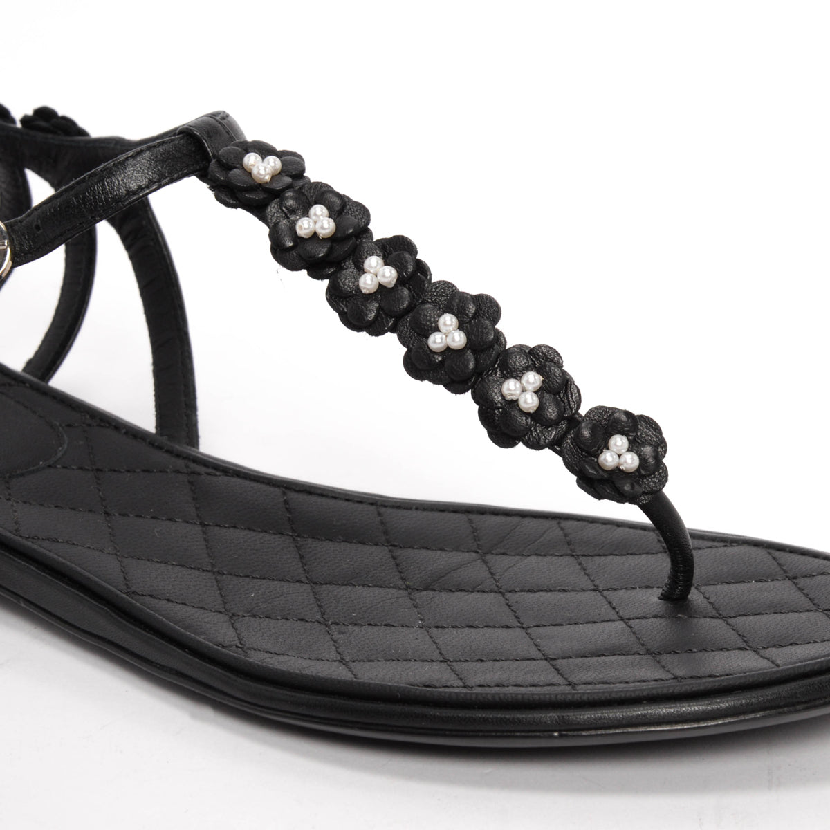 Chanel Black Lambskin & Pearl Camellia Thong Sandals 37