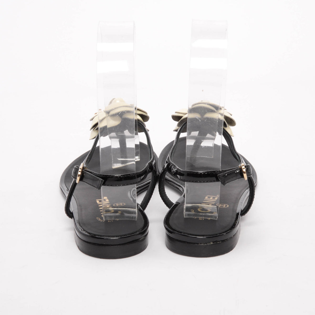 Chanel Black Patent CC Camellia Thong Sandals 37