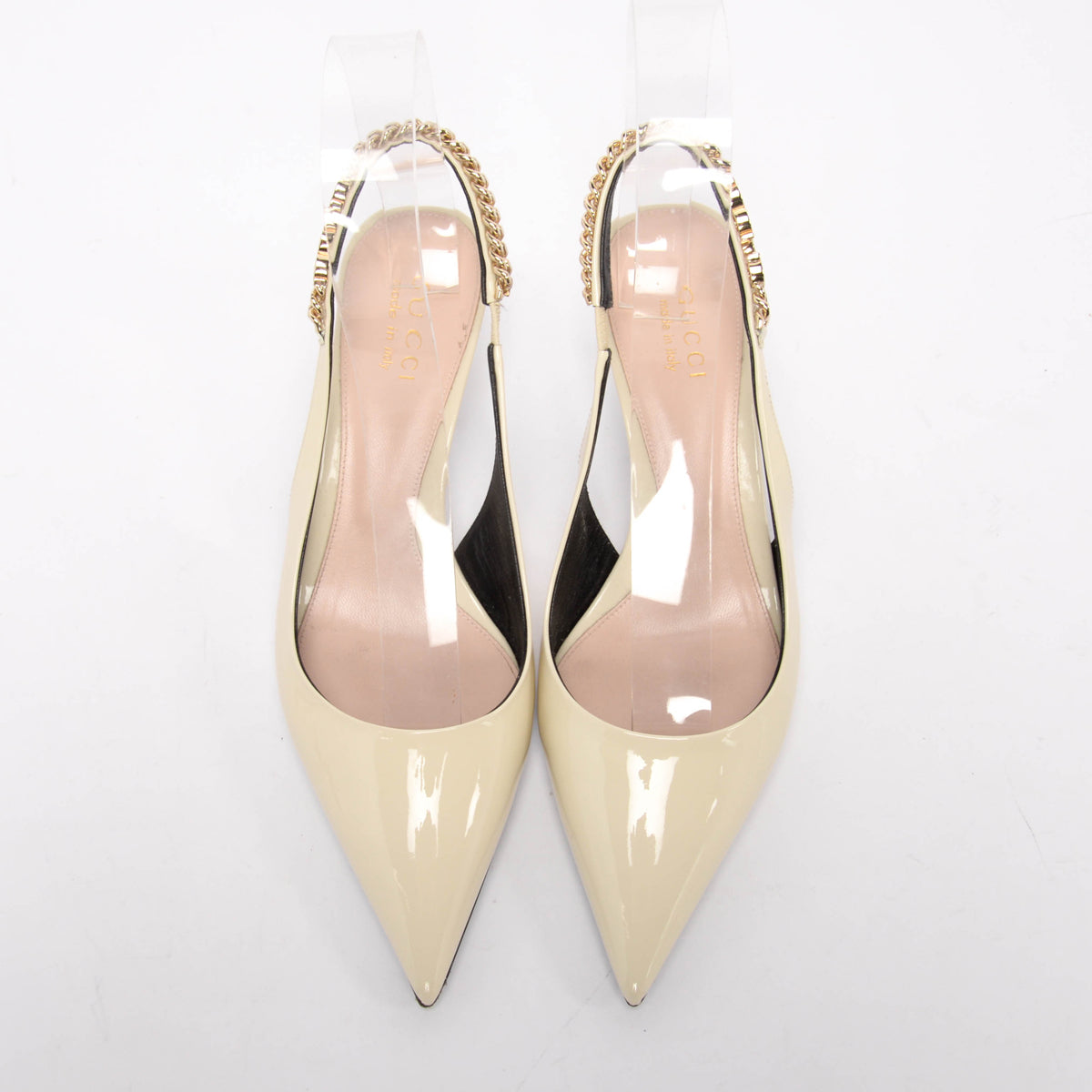Gucci Ivory Patent Signoria Chain Slingback Pumps 39.5